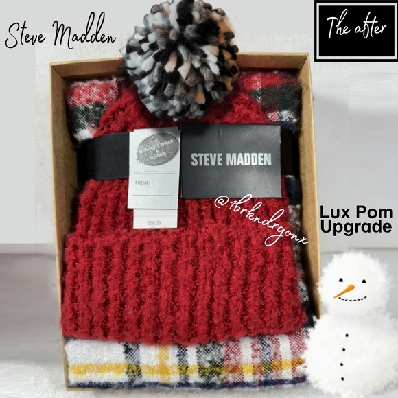 Steve Madden Holiday Gift Set Beanie Hat & Blanket Plaid Scarf Upgraded Lux Pom - Picture 14 of 14